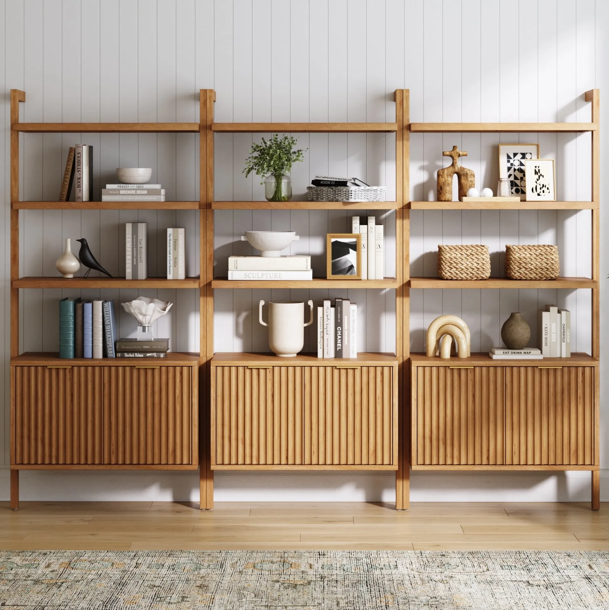 Mid-Century Fluted Wall Bookshelves with Doors Warm Pine (Set of 3)