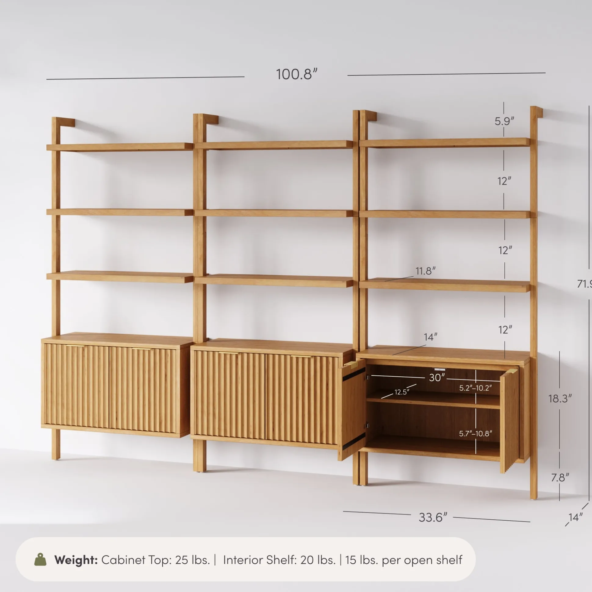 Mid-Century Fluted Wall Bookshelves with Doors Warm Pine (Set of 3)