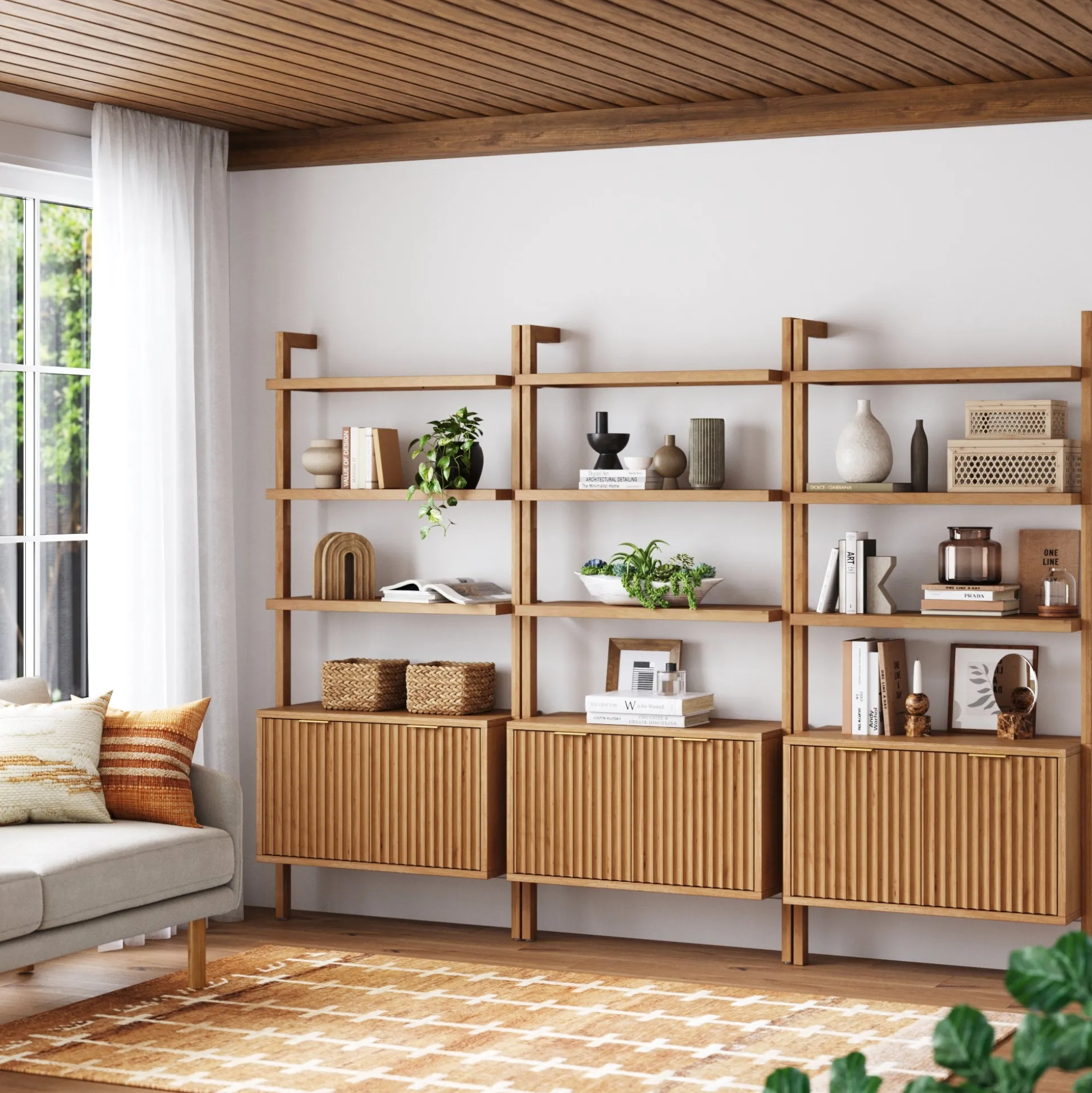 Mid-Century Fluted Wall Bookshelves with Doors Warm Pine (Set of 3)
