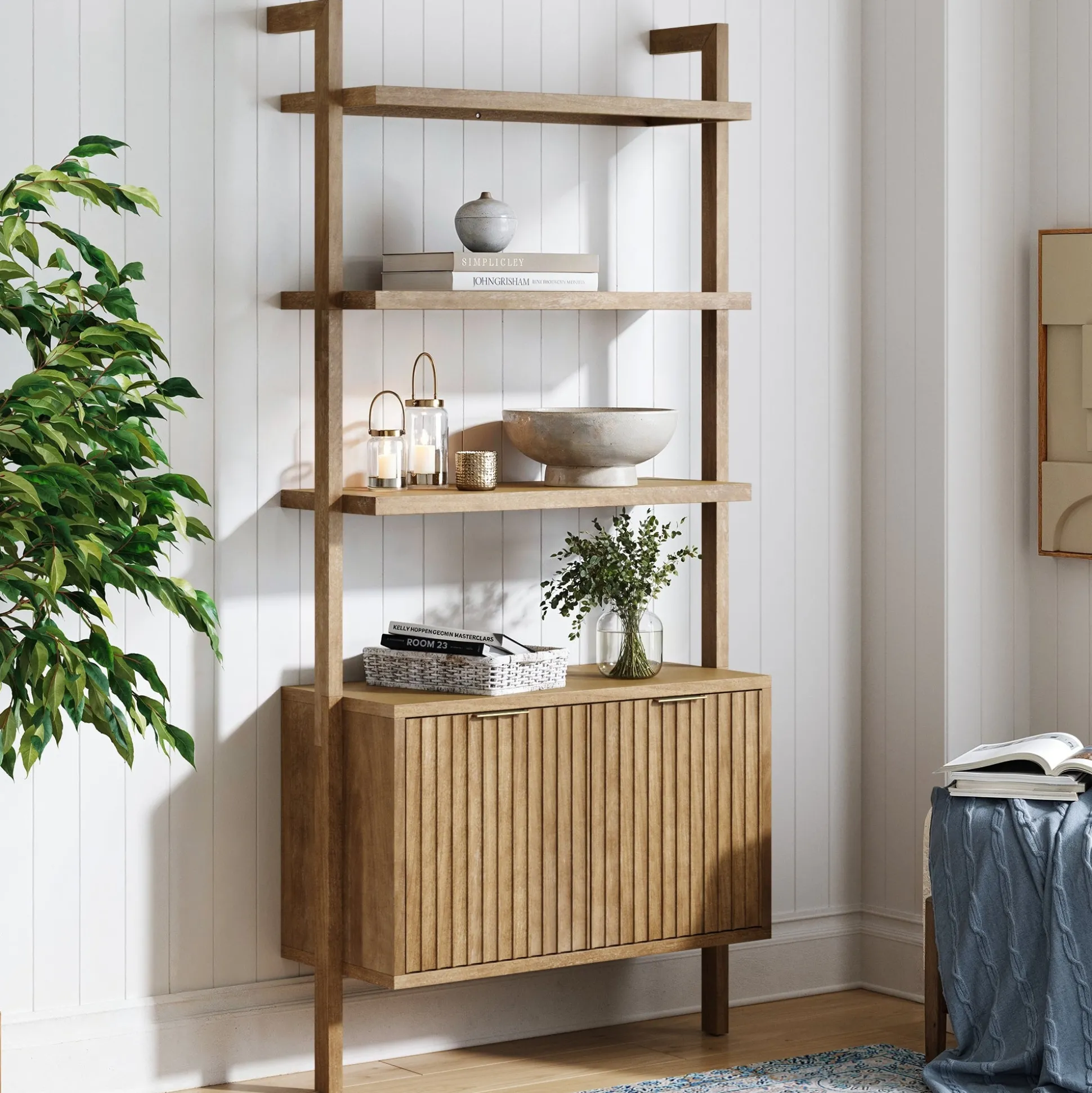 Mid-Century Fluted Wall Bookshelf with Doors Light Brown