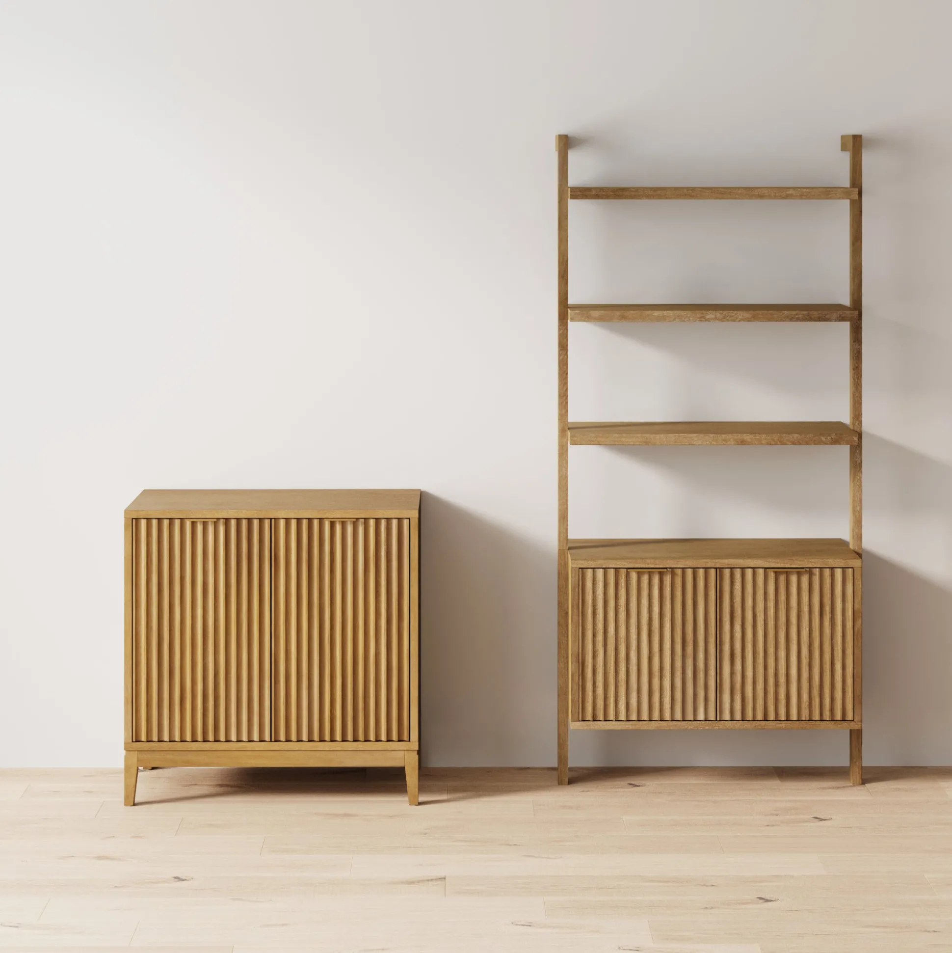 Mid-Century Fluted Wall Bookshelf with Doors Light Brown