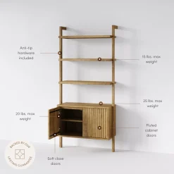 Mid-Century Fluted Wall Bookshelf with Doors Light Brown
