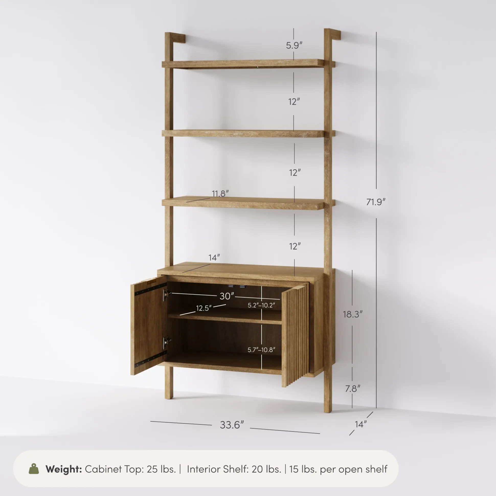 Mid-Century Fluted Wall Bookshelf with Doors Light Brown