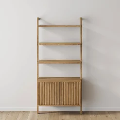 Mid-Century Fluted Wall Bookshelf with Doors Light Brown