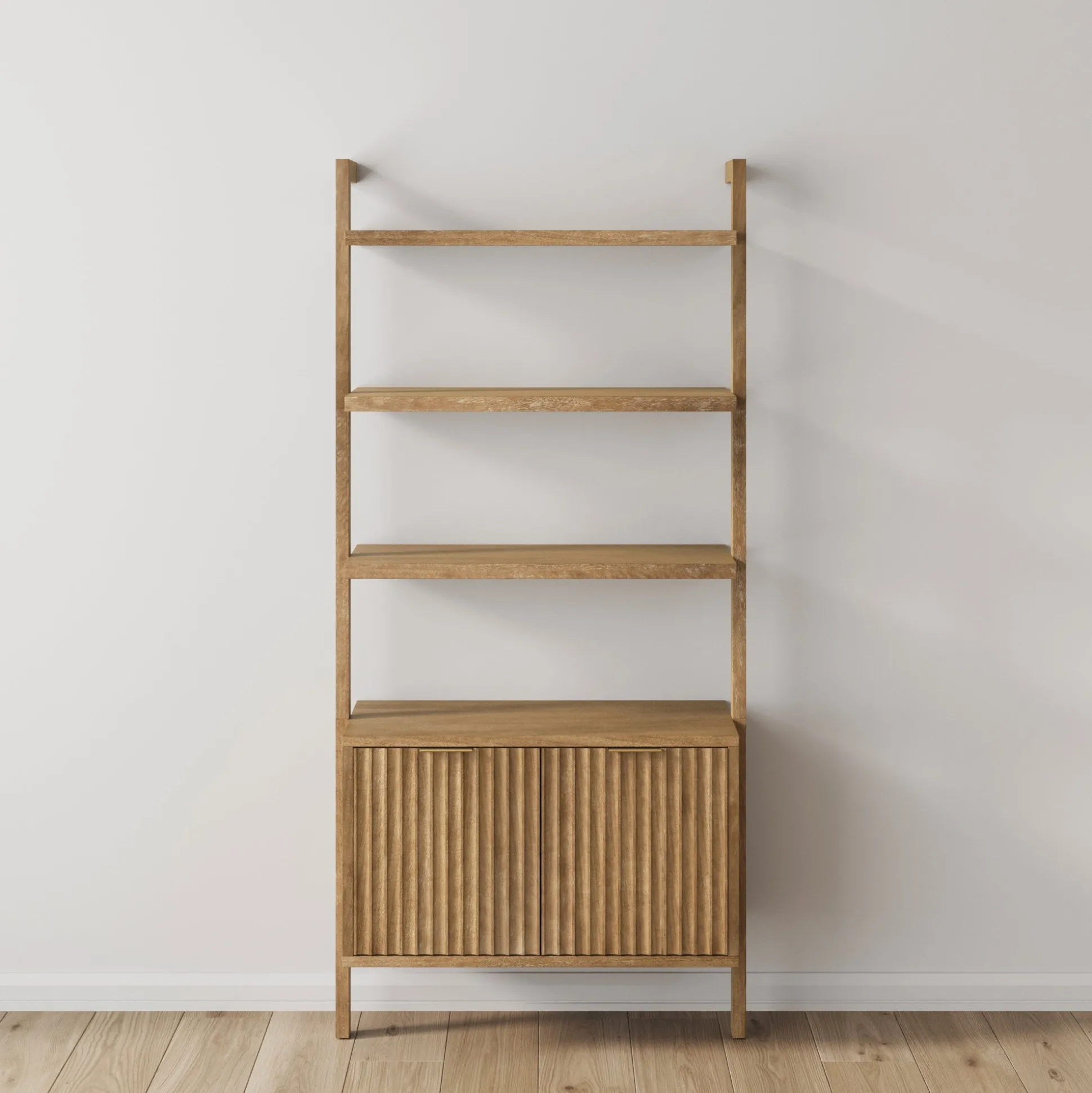 Mid-Century Fluted Wall Bookshelf with Doors Light Brown
