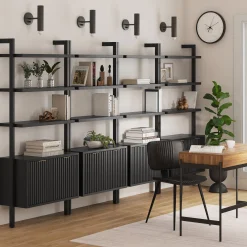 Mid-Century Fluted Wall Bookshelves with Doors Black (Set of 4)