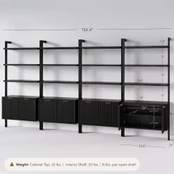 Mid-Century Fluted Wall Bookshelves with Doors Black (Set of 4)