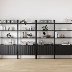 Mid-Century Fluted Wall Bookshelves with Doors Black (Set of 4)