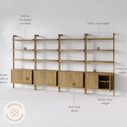 Mid-Century Fluted Wall Bookshelves with Doors Light Brown (Set of 4)