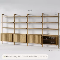 Mid-Century Fluted Wall Bookshelves with Doors Light Brown (Set of 4)