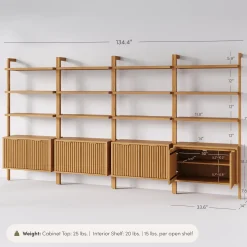 Mid-Century Fluted Wall Bookshelves with Doors Warm Pine (Set of 4)