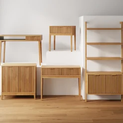 Mid-Century Fluted Wall Bookshelves with Doors Warm Pine (Set of 4)