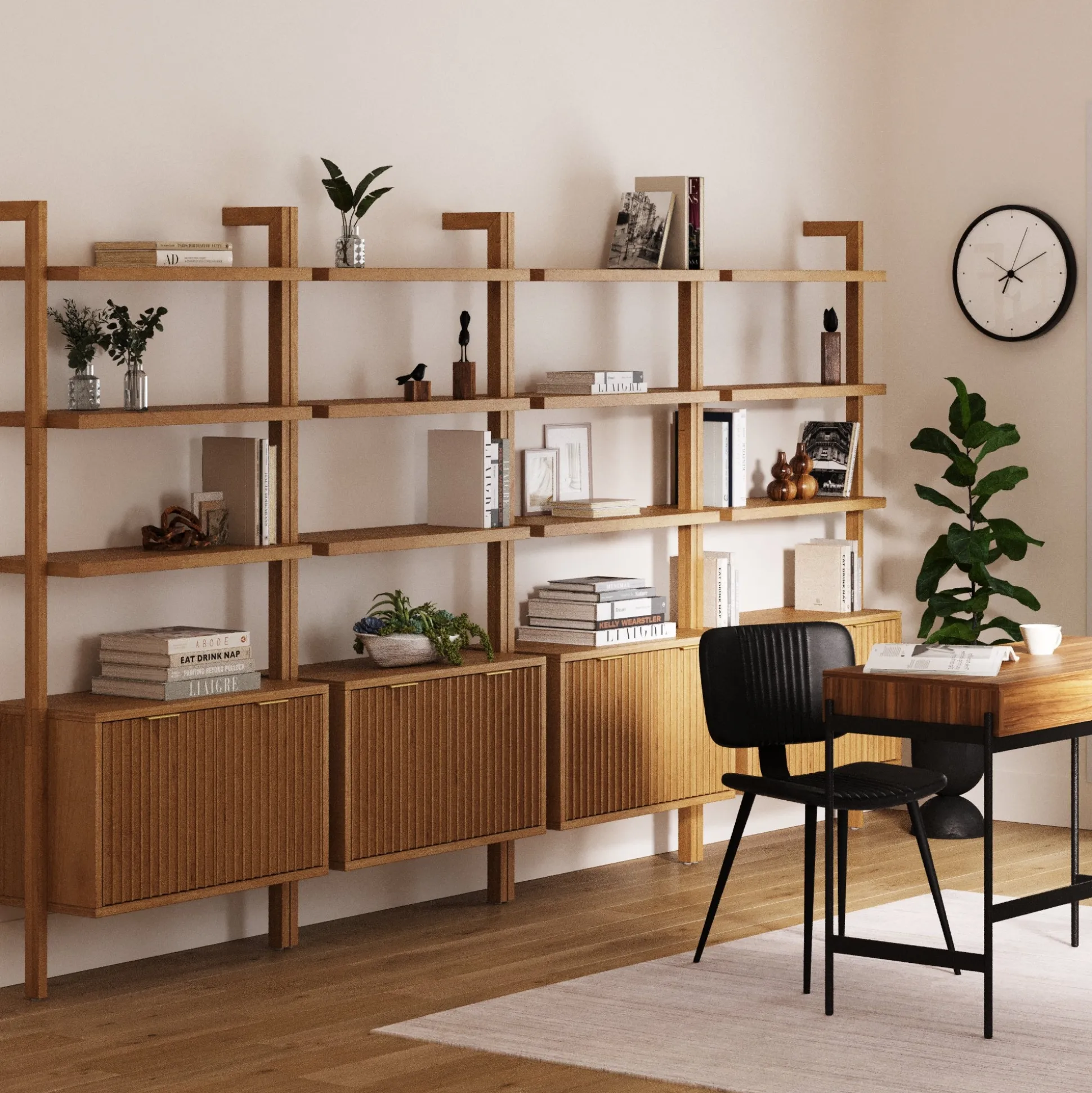 Mid-Century Fluted Wall Bookshelves with Doors Warm Pine (Set of 4)