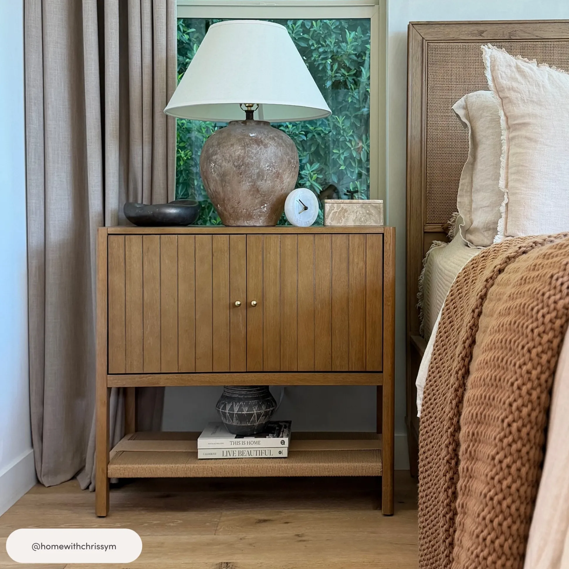 Mid-Century Grooved Door Storage Cabinet Light Brown