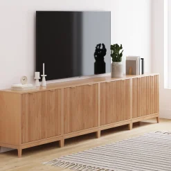 Mid-Century Large Fluted Credenza Console Table Warm Pine (Set of 4)