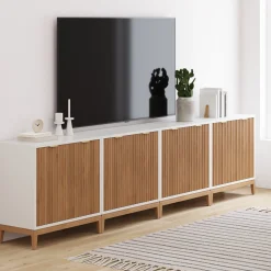 Mid-Century Large Fluted Credenza Console Table Warm White Warm Pine (Set of 4)