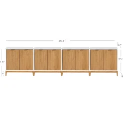 Mid-Century Large Fluted Credenza Console Table Warm White Warm Pine (Set of 4)