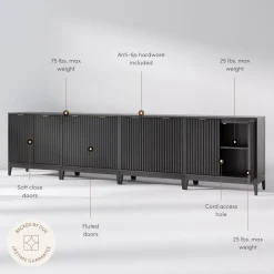 Mid-Century Large Fluted Credenza Console Table Black Oak (Set of 4)