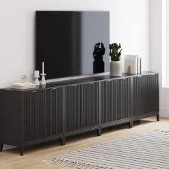 Mid-Century Large Fluted Credenza Console Table Black Oak (Set of 4)