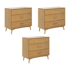 Mid-Century Modern Acacia 3 Drawer Dresser Set of 3