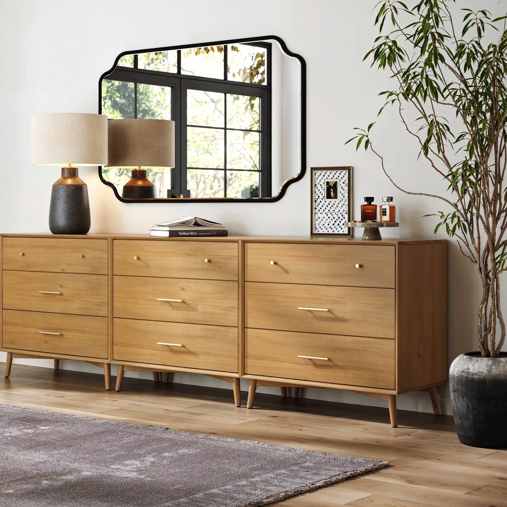 Mid-Century Modern Acacia 3 Drawer Dresser Set of 3