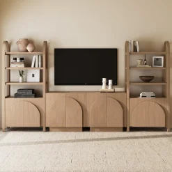 Mid-Century Modern Arched Wood Entertainment Center Oak (2 Cabinets)