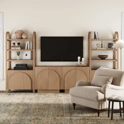 Mid-Century Modern Arched Wood Entertainment Center Oak (2 Cabinets)