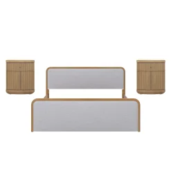Mid Century Modern Bedroom Set with King Bed Frame and 2 Fluted Nightstands Gray/Light Brown