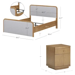 Mid Century Modern Bedroom Set with Queen Bed Frame and 2 Fluted Nightstands Gray/Light Brown
