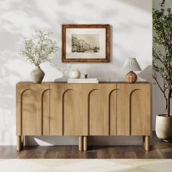 Mid Century Modern Credenza Console Cabinet Light Brown (Set of 2)