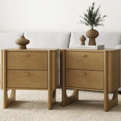 Mid Century Modern 2-Drawer Solid Wood Nightstand Light Brown (Set of 2)