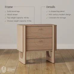 Mid Century Modern 2-Drawer Solid Wood Nightstand Raw Oak