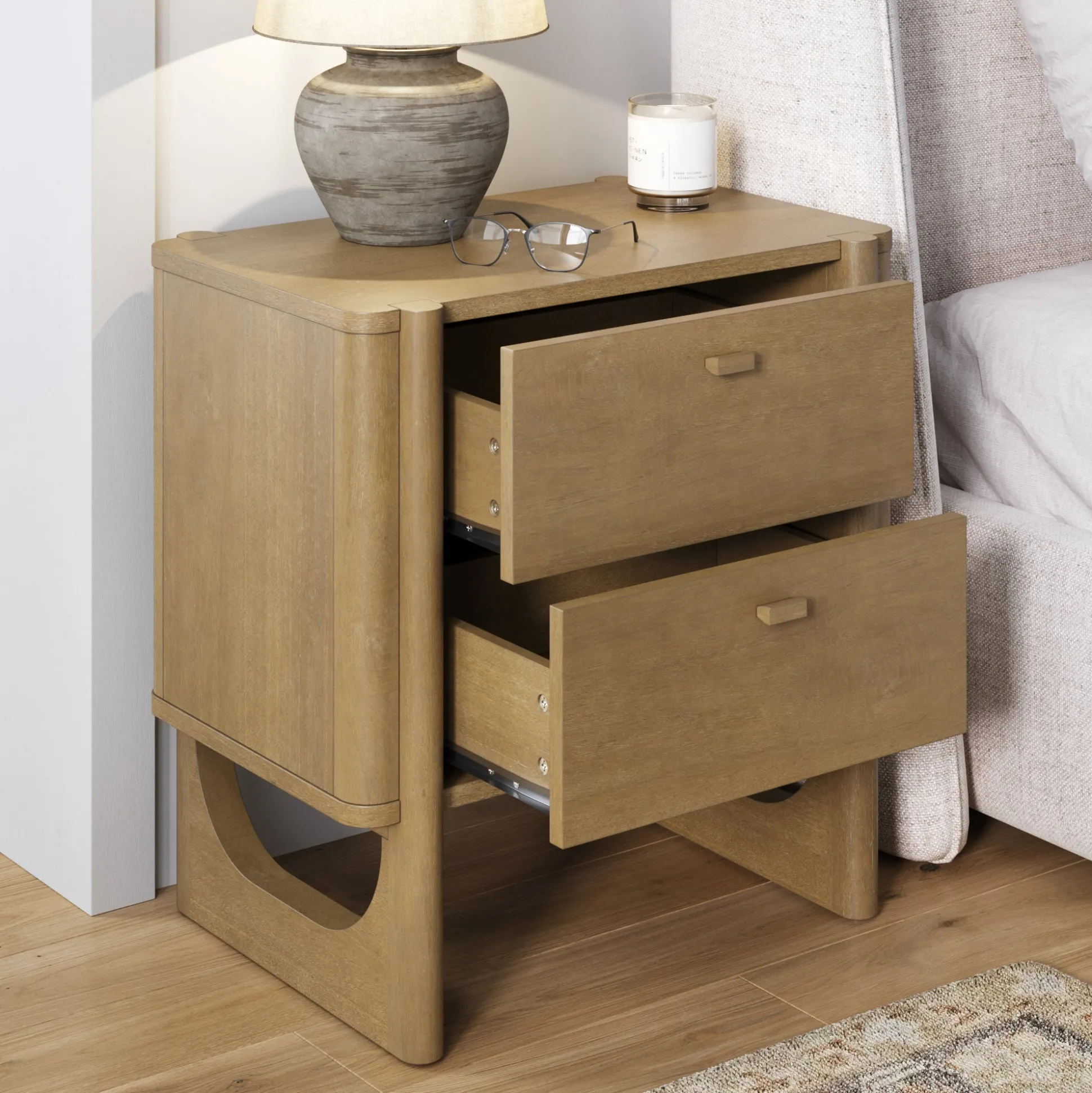 Mid Century Modern 2-Drawer Solid Wood Nightstand Light Brown