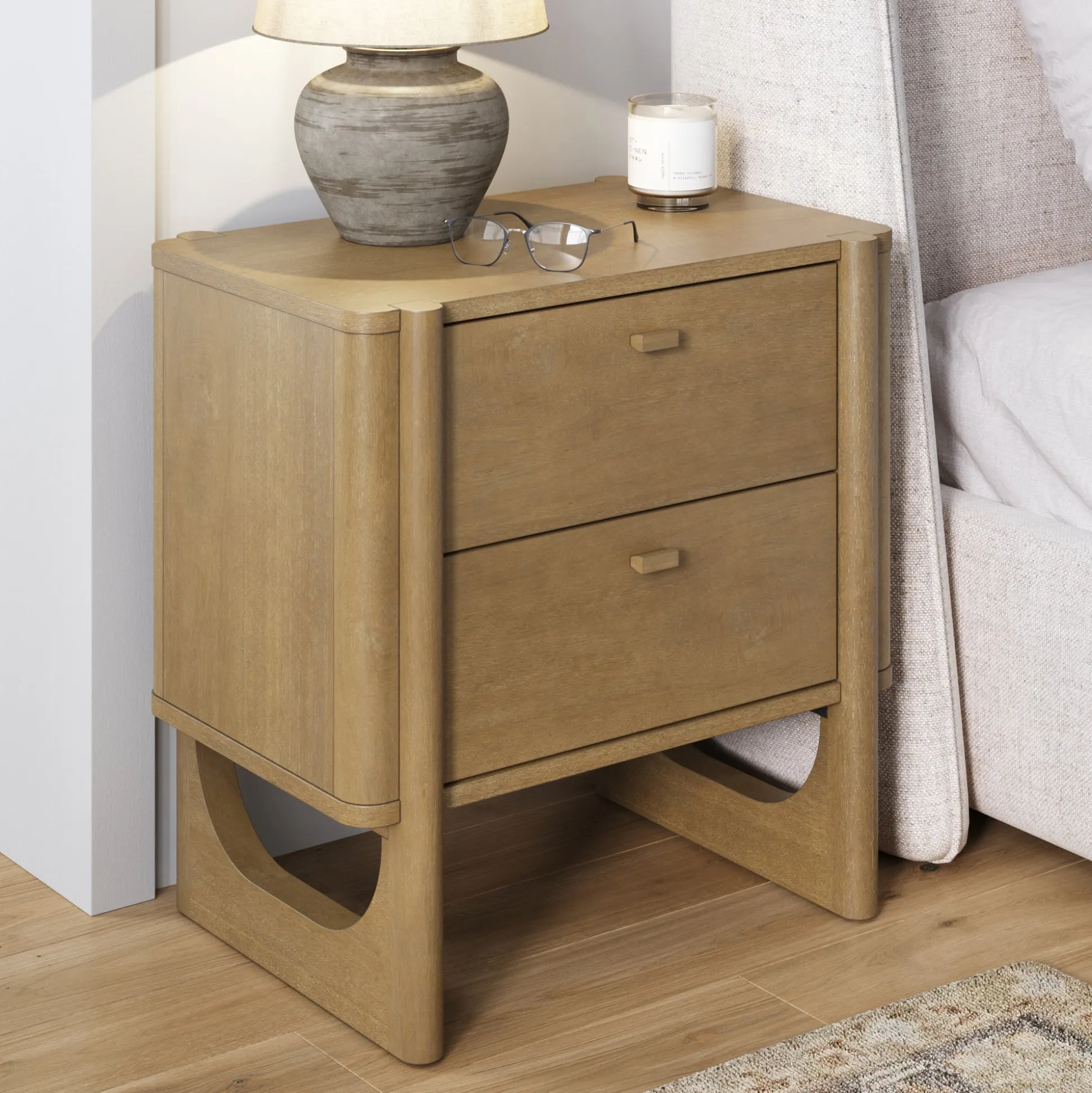 Mid Century Modern 2-Drawer Solid Wood Nightstand Light Brown
