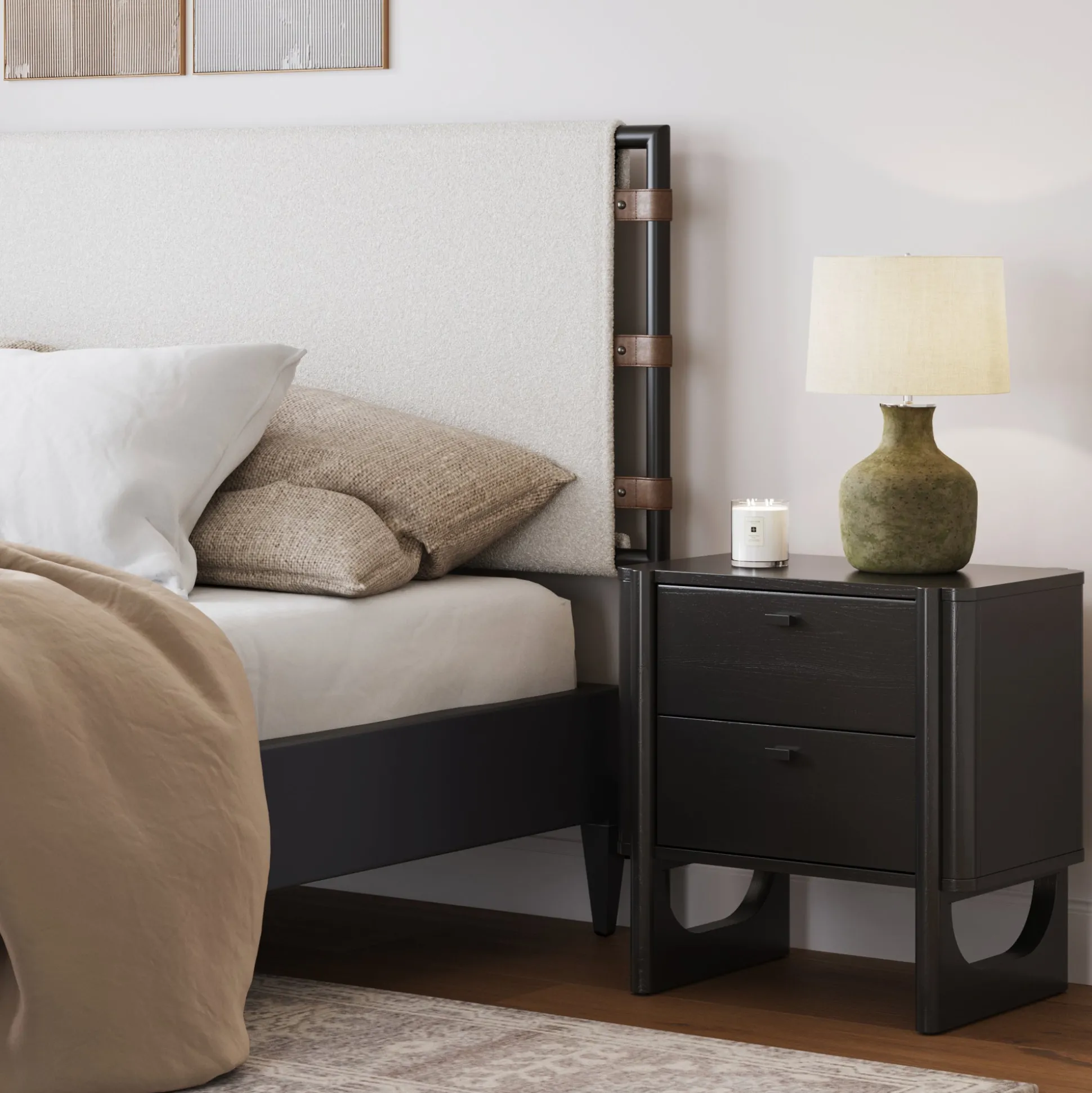 Mid Century Modern 2-Drawer Solid Wood Nightstand Black