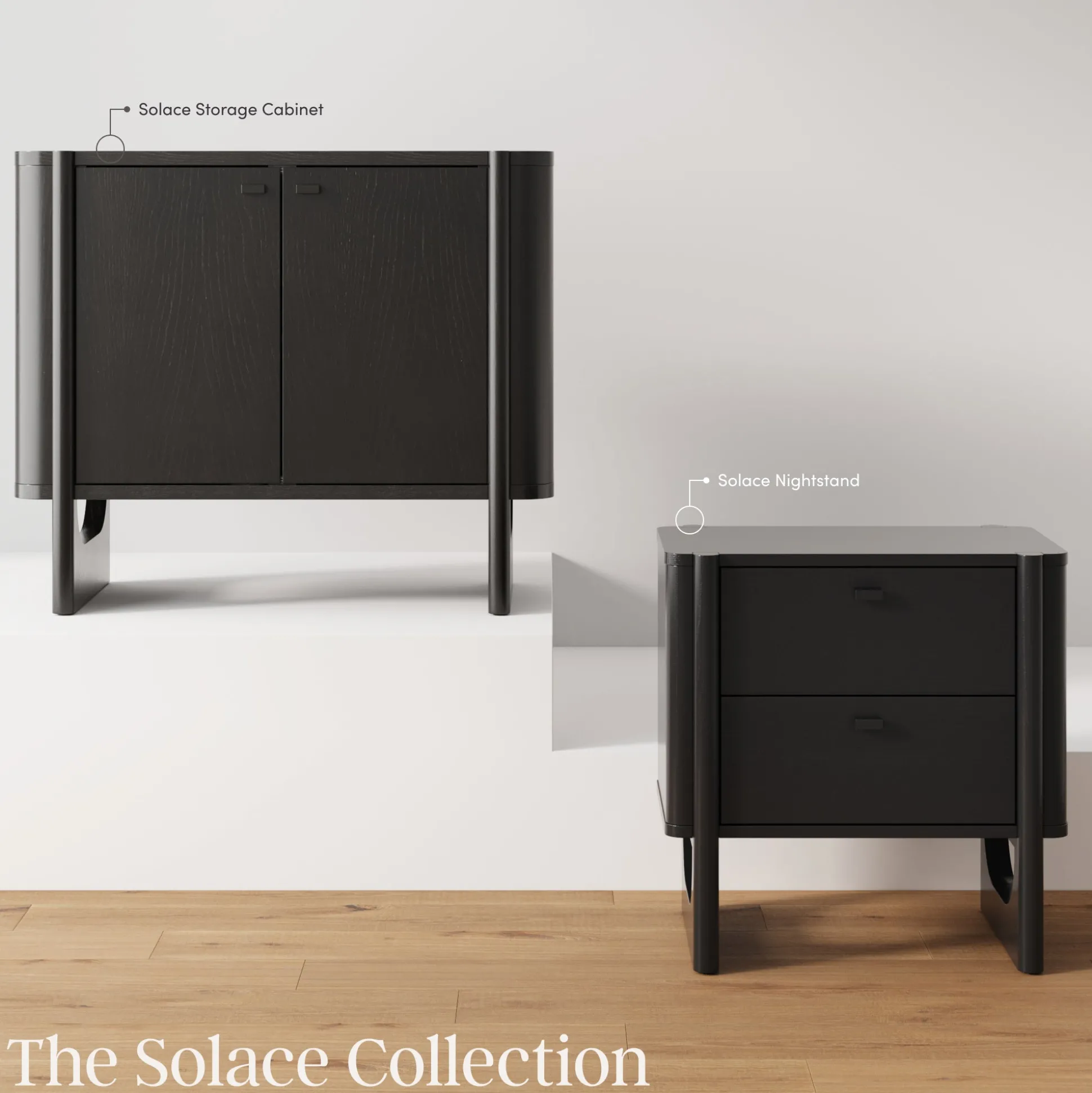 Mid Century Modern 2-Drawer Solid Wood Nightstand Black