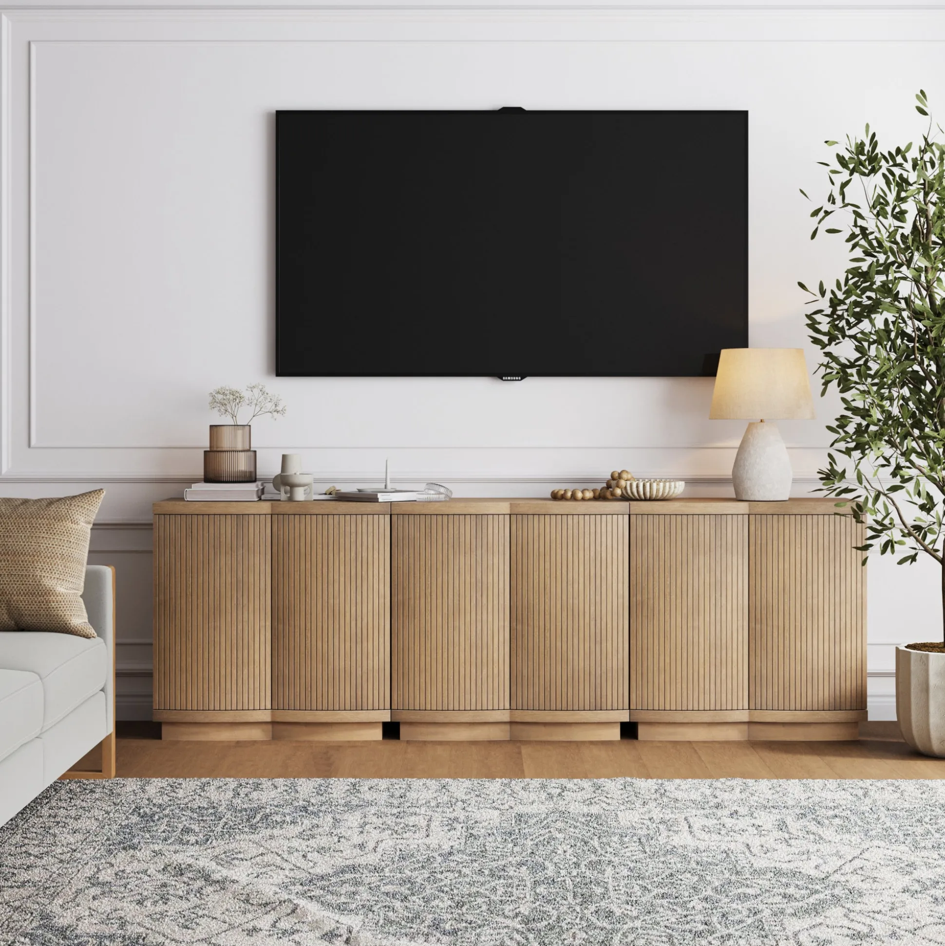 Mid-Century Modern Fluted TV Console Light Brown (for TVs up to 75")