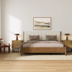 Mid Century Modern King Bed Frame and 2-Drawer Nightstand Set Light Brown
