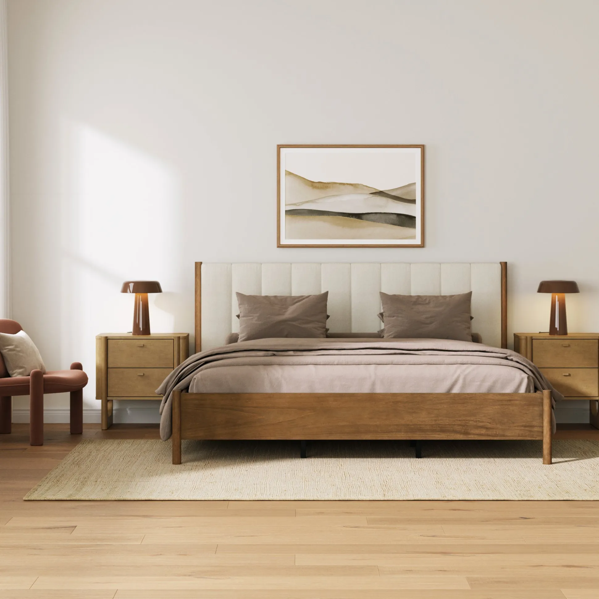 Mid Century Modern King Bed Frame and 2-Drawer Nightstand Set Light Brown
