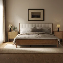 Mid Century Modern King Bed Frame and 2-Drawer Nightstand Set Light Brown