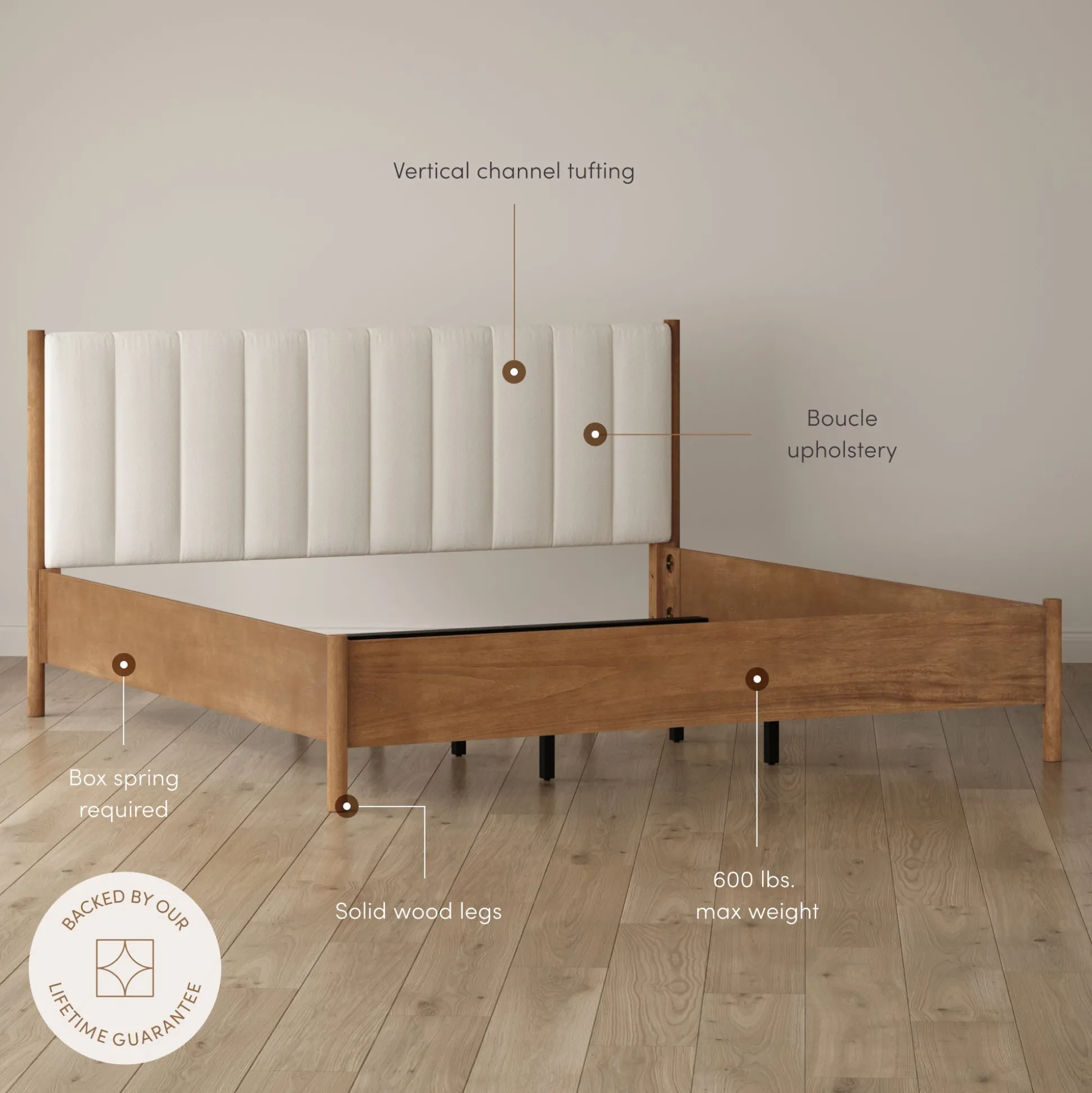 Mid Century Modern King Bed Frame and 2-Drawer Nightstand Set Light Brown