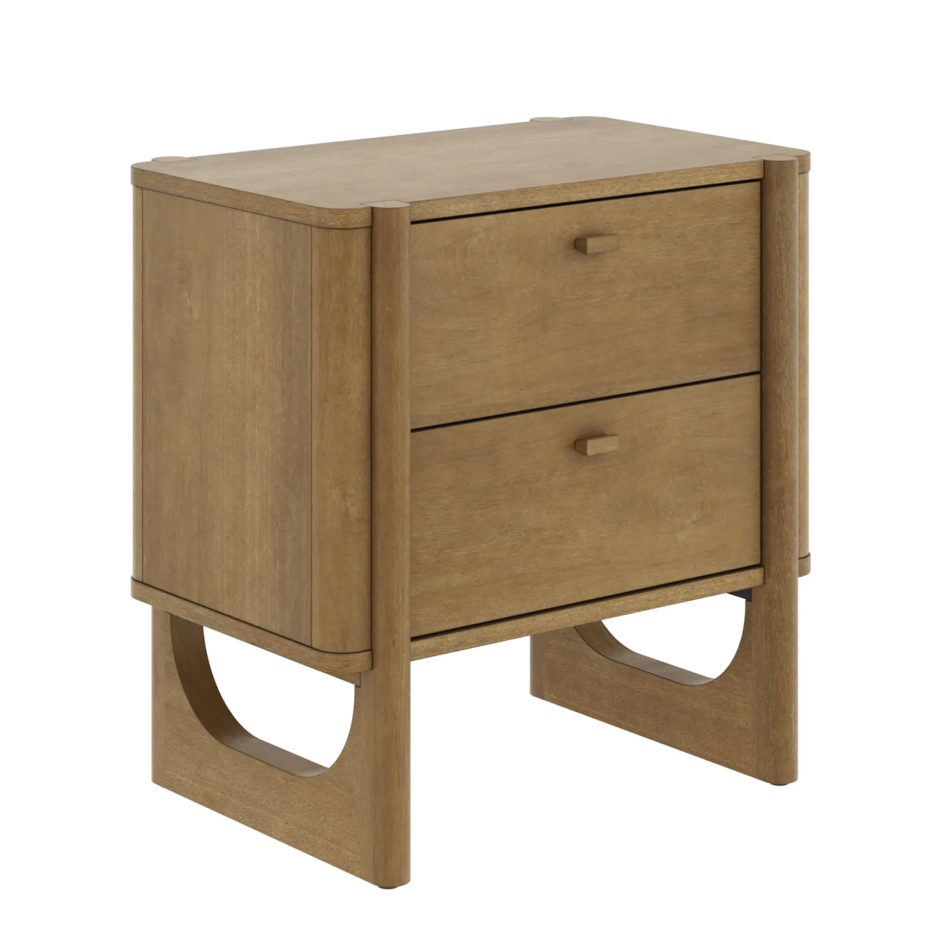 Mid Century Modern King Bed Frame and 2-Drawer Nightstand Set Light Brown