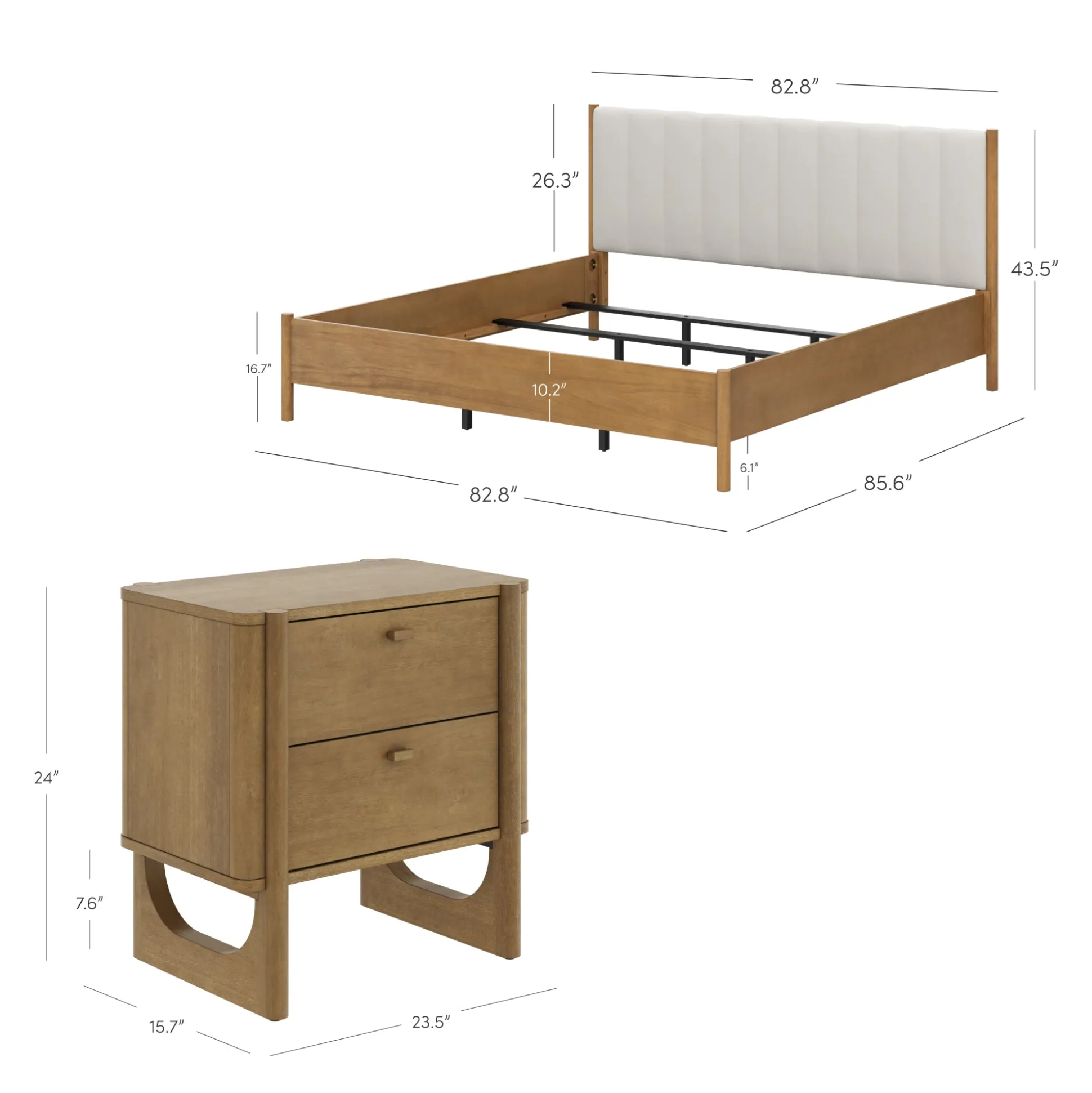 Mid Century Modern King Bed Frame and 2-Drawer Nightstand Set Light Brown