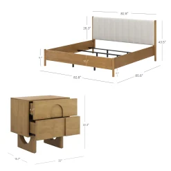 Mid Century Modern King Bed Frame and Arched Nightstand Set Light Brown