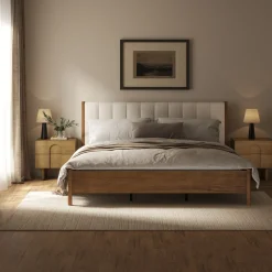 Mid Century Modern King Bed Frame and Arched Nightstand Set Light Brown