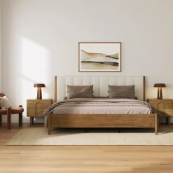 Mid Century Modern King Bed Frame and Arched Nightstand Set Light Brown
