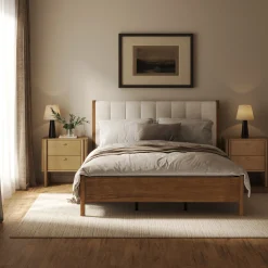 Mid Century Modern Queen Bed Frame and 2 Nightstands Set Light Brown