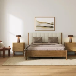 Mid Century Modern Queen Bed Frame and 2 Nightstands Set Light Brown