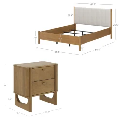 Mid Century Modern Queen Bed Frame and 2 Nightstands Set Light Brown