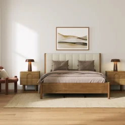 Mid Century Modern Queen Bed Frame and Arched Nightstand Set Light Brown
